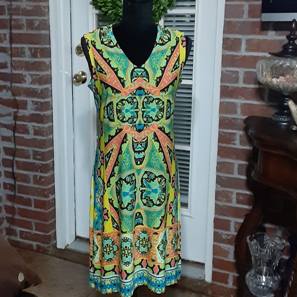 Madison Petite print sleeveless dress coral aqua yellow blue Vneck Medium EUC …